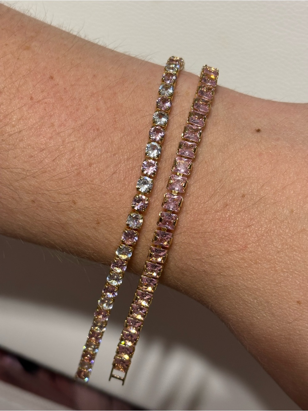 Delicate Pink Cubic Zirconia Tennis Bracelet set - Gold
